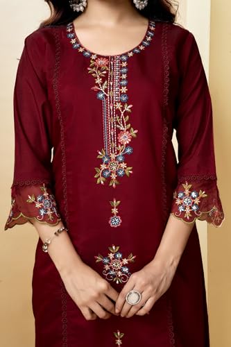 Image of Multi Embroid Kurta Set with Dupatta | Roman Silk Embroidered Kurta Set for Women | Women's Ethnic Casual Kurti Set |Kurta Pant Festive Suit