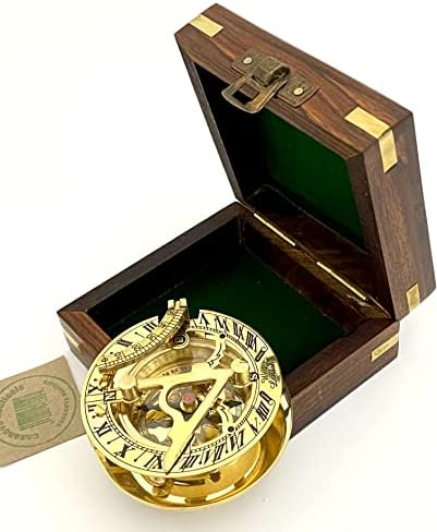BRASS SUNDIAL COMPASS with Wooden BOX - Handmade Pocket Sundial - Sun Dial Compass - Steampunk retro GIFT - Vintage Style Sundial