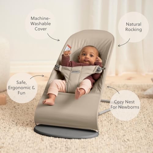 Image of BabyBjorn Bouncer Balance Soft, Tri-Fabric, Sand Grey | 2-in-1 Adjustable Baby Bouncer Seat and Toddler Chair, Newborn to Toddler (8-29 lbs), 4 Positions, Lightweight & Portable
