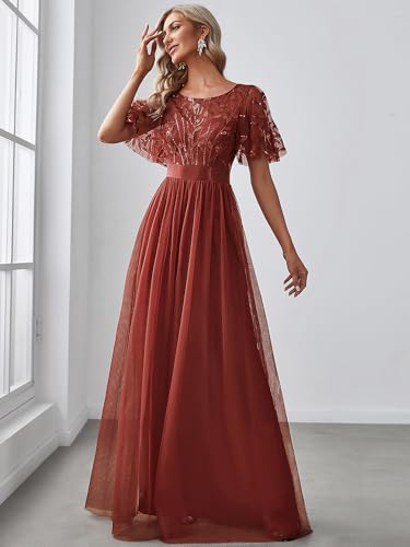 Image of Ever-Pretty Sequin Formal Prom Dresses for Women Ruffle Sleeves Empire Waist A-Line Long Mother of Bride Dress 00904