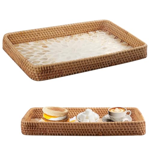 Doafoce Grand Plateau 38cm x 24cm Plats et Plateaux Vintage en Rotin Mosaïque de Coquillages Plateaux Décoratifs de Style Bohème Plateau de Service...