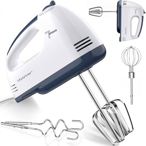 Image of LILPARTNER Hand Mixer Electric, Ultra Power Kitchen Hand Mixer With 7-Speed & 5 Stainless Steel Accessories for Whipping Dough, Cream, Cake, Dishwasher Safe, Light White