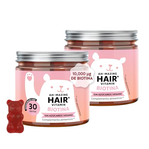 Gominolas Biotina Ah-mazing Hair Vitamin Pack de 2 – Para cabello, uñas y piel - 10.000 µg de Biotina, Zinc, Vitaminas B6, C, E, Yodo – 60 Unidades (2 meses) - Vegana, Sin Azúcar - Bears with Benefits