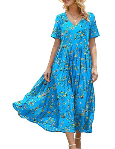 Image of YESNO Women's Summer Maxi Dresses Casual Floral Short Sleeve V Neck Boho Beach Vacation Swing Dress with Pockets EVF