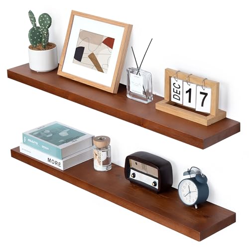 Image of Marsmiles Wood Floating Shelves | 36 Inch Mahogan Wall Shelves Set of 2 | 36 inch W x 6.7 inch D Rustic Wooden Shelves for Bathroom Kitchen Living Room Bedroom