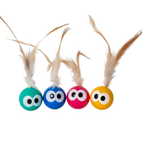 Pet Fit For Life Bouncing Balls Cat Toy with Feather Interactive Cat Bouncing Ball with Tail Bouncing Cat Toy for Indoor Cats & Playful Kittens Soft Colorful Feathers 4 Count Pack
