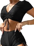 Women's Short Sleeve Swimsuits Bathing Suit Tops Cropped Tankini Drawstring Bikini Top Black Medium