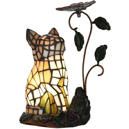 Bieye L50891 Tiffany-Style Stained Glass Cat Accent Table Lamp - Adorable Orange Cat Watching a Butterfly - 10-Inch Tall