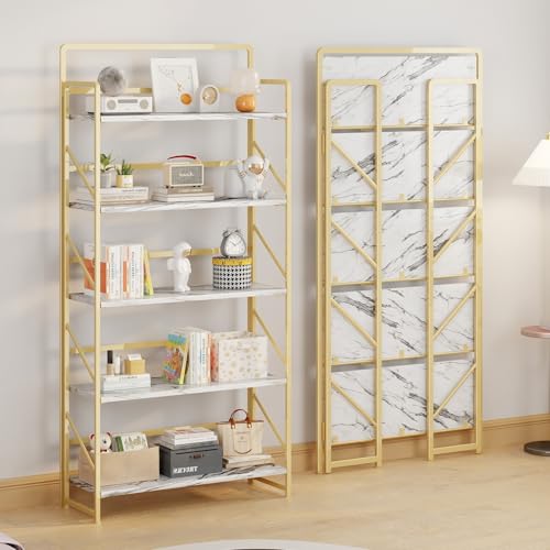 Image of JSB 6 Tier No Assembly Folding Bookshelf, 30.3 inch Wide Foldable Storage Bookcase for Home Office, Space-Saving Storage Shelf for Living Room (White&Gold)