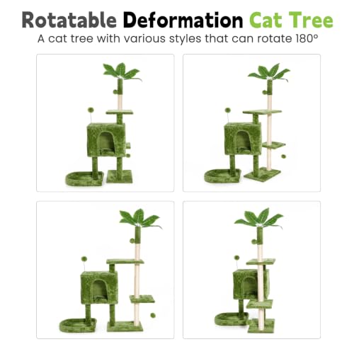 Image of 52inch Large Cat Tree Tower Condo with Hammock for Indoor Cats, Soft Plush Multi-Level Climbing Tree Cat House with Cat Cave, Scratching Post, Sisal Rope, Green