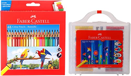 Image of Faber-Castell 48 Triangular Colour Pencils Oil Pastels Set Of 50 Easy To Pack And Carry Colour Tool Box (Plastic Box Packing), Ink Gold
