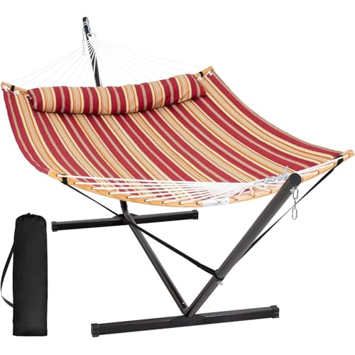 Image of SUNCREAT Hammocks Portable Hammock with 12 ft Stand Included, Double Hammock with Curved Spreader Bar, Red Stripes