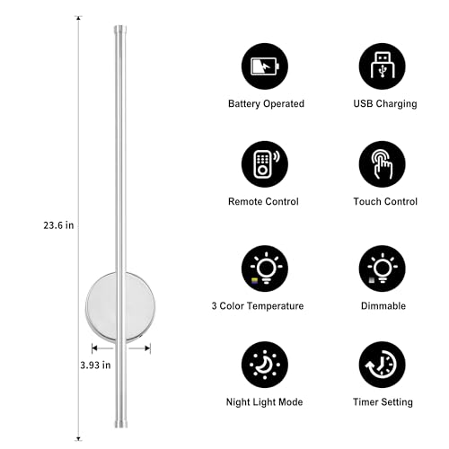 Image of Battery Operated Modern Wall Sconces, Dimmable Wireless Wall Light Set of Two with Remote Control, 3 Color Temperatures, Rechargeable LED Wall Sconce for Bedroom, Living Room, Hallway 23.6 Inch Chrome