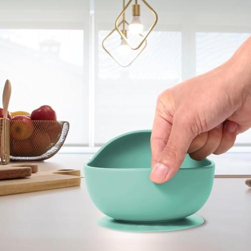 Image of Xacton Baby Feeding Bowl & Wood Solid Handle Spoon I Silicone Unbreakable Non-Slip Suction Base Design I BPA Free, Dishwasher, Freezer & Microwave Safe I Feeding Kit for Infants & Toddler (Cyan)
