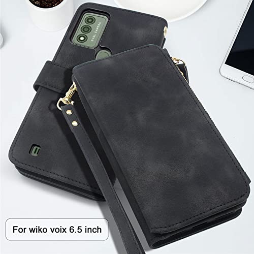 Lacass [Cards Theft Scan Protection] 10 Card Slots Holder Zipper Pocket Wallet Case Flip Leather Cover With Wrist Strap Stand For Wiko Voix U616At Case (Matte Black) #TOP5