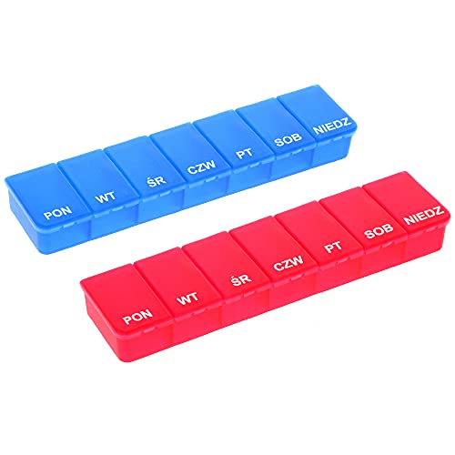 COM-FOUR® 2x distributeur de médicaments - boîte de médicaments pour 7 jours - pilulier - boîte à comprimés - distributeur hebdomadaire pour le stockage [POLONAIS] (1 pièce - rouge + bleu)