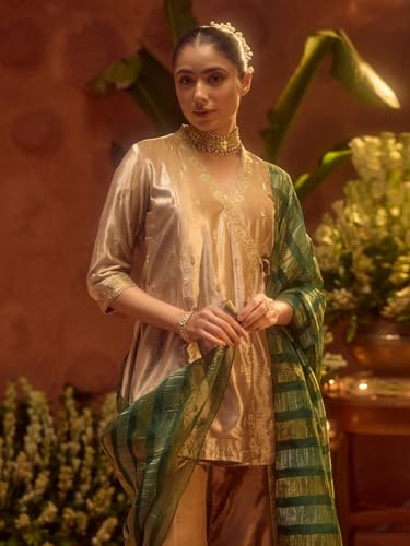 Image of FIORRA Women Beige Ice Velvet Embroidered Kurta Set with Dupatta