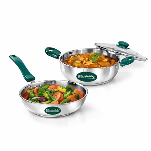 Image of The Indus Valley Stainless Steel Impact Bonded Bottom Kadai (22cm) + Fry Pan (22cm) with Glass Lid | Green Bakelite Handle | Kitchen Cooking Combo Pots & Pans Set of 2 | Induction Compatible
