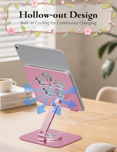 Image of Rotating Tablet Stand for Desk, Aluminum Office Desk Accessories for Women Moms iPad Gifts Home Office Portable Monitor Stand for iPad, Compatible with iPad Pro, Air, Mini, Kindle, 4-12.9 inch,Pink