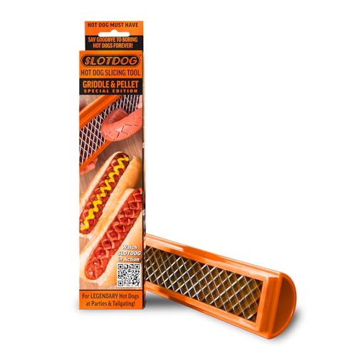 SLOTDOG - Hot Dog Slicing Tool - Orange - Griddle & Pellet Grill Special Edition For Griddles Grills Smoker Air Fryer Oven BBQ Campfire Kitchen Tailgating - Stainless Cutter Blades 10 inch