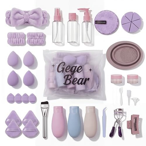 Image of Gege Bear 38-Piece Complete Beauty & Skincare Kit for Women | Spa Headband + Wrist Bands, 18 Sponges & Puffs, 8 Travel Bottles, Collapsible Brush Cleaning Tub, Eyelash Curler, Tweezers, Foundation Brush | All-in-One Makeup Starter & Travel Kit | (Lavender, 38 PCS)