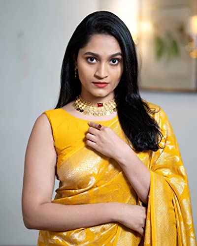 Image of Flosive Women's Present Banarasi Soft Lichi Silk Saree Beautiful Jacquard Rich Pallu Design Work Zari Woven Kanjivaram Silk Style Saree With Soft Lichi Silk Blouse Piece (Yellow).