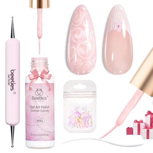 Beetles Pearl Pink Gel Liner Nail Polish,Soak Off Uv Led Pearl Gel Nail Polish Drawing Valentine Polish Nails Cotton Candy Pearlescent Swirl Art Paint with Dotting Pen and Nail Charms