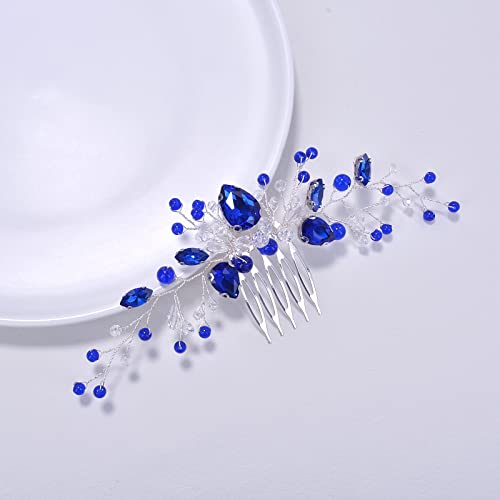 Bridal Hair Accessories Set, Beusoulover Royal Sapphire Crystal Blue Dangle Earring And Hair Comb ,Silver Wedding Hair Accessory, Hair Piece Gift For Her Party Headpiece For Bride, Bridesmaid, Girls, Women (Blue) #TOP5