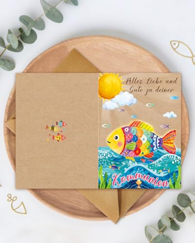 12 Kommunionskarten mit Umschlag Aufkleber, Kraftpapier Erstkommunion Karte Kommunionkarten Glückwunsch, Klappkarten Karte Kommunion Mädchen Junge