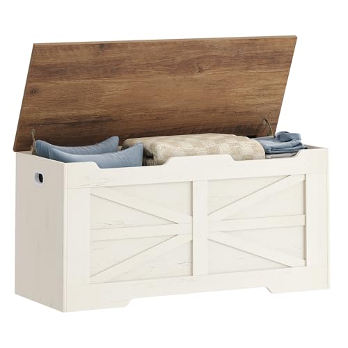 Hzuaneri 39.4 Storage Chest, Extra Large Storage Trunk with 2 Hinges, Wooden Box Bench, Lift-Top Organizer Chest, Shoe Bench for Entryway, Bedroom, Living Room, White and Brown SB03414X