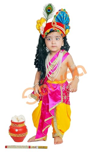 Image of Sarvda Shree Krishna Dress for Baby Boy & Radha Dress for Girls | Janamashtami Dress | Fancy Dress Costume with Accessories Dhoti, Dupatta, Mukut Flute Complete set, Ethnic wear