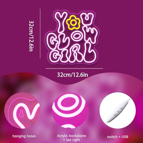 Image of WLHOPE You Glow Girl Neon Sign Pink Led Neon Signs for Wall Decor Glowing Girl Neon Light Signs Man Cave Wall Art Signs for Bedroom Girls Room Bar Club Shop Office Wedding Birthday Party