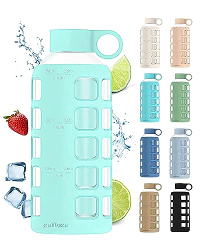purifyou 40oz / 32oz / 22oz / 12oz Borosilicate Glass Water Bottle with Time & Volume Markers, Silicone Sleeve, Stainless Steel Lid | Reusable Glass Bottle for Water & Juice (22oz Glow-in-the-Dark)