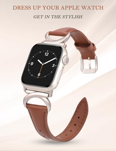 Minyee Leather Bands Compatible with Apple Watch Band 41mm 40mm 38mm 44mm 45mm 42mm 49mm Women, Slim Thin Dressy Designer Strap with C-Shape Metal Buckle for iWatch Ultra 2, Series, Brown/Starlight