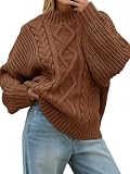 Picture of Saodimallsu Womens Oversized Cable Knit Sweaters 2025 Fall Winter Trendy Button Up Turtleneck Chunky Pullover Sweater Tops Brown