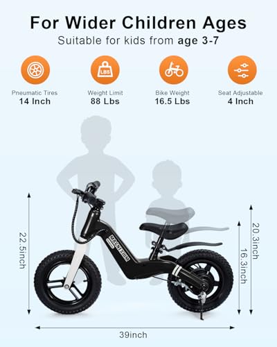 GROWNEER Electric Balance Bike for Kids, 14-Inch Tires, Ages 3-7,9.3 Mile Range, Lightweight 16.5lbs, 3 Speed Settings (3.1/6.2/9.3 mph) Light-up Front Tire & Adjustable Seat, Black - Image 2