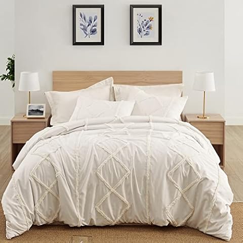 KB & Me Sweet JoJo Designs Bohemian Boho Chic Off White Macrame Tufted Geometric 3 pc. Full/Queen Size Bed Bedding Set Duvet Comforter Cover Sham Textured Minimalist Fringe Farmhouse Neutral Rustic Cover
