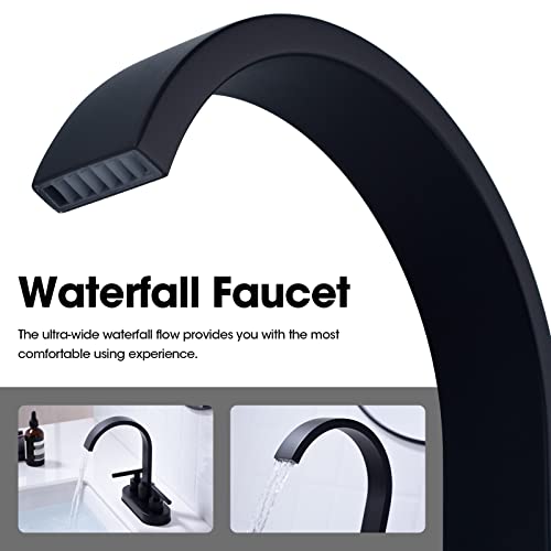 Square Waterfall Swivel Spout 2 Handles Bathroom Faucet With Pop Up Drain Assembly & Cupc Water Supply Lines 4 Inches Centerset Mixer Tap, Matte Black #TOP4