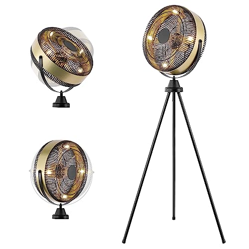 KINGTORO Floor Lamp Tripod with Fan 360 Rotation Brightness Adjustble Industrial Standing Caged Fan Black with Remote Control for All Room, Office, Party, Outdoor Camping