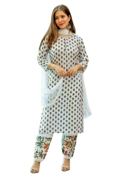 Image of GoSriKi Women's Pure Cotton Straight Printed Kurta, Palazzos & Dupatta (JANHVI-WHITE-02 GO)