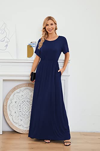 Image of AUOMITH Women Summer Short Sleeve Navy Blue Maxi Dress Pleated Loose Plain Round Neck Casual Empire High Waisted Party Long Dress with Pockets XX-Large