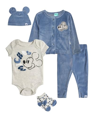 Disney Mickey Mouse Baby Boy Going Home Outfit Set - 5 Piece Onesie, Corduroy Shirt, Pants, Beanie Hat, and Socks (0-9M)