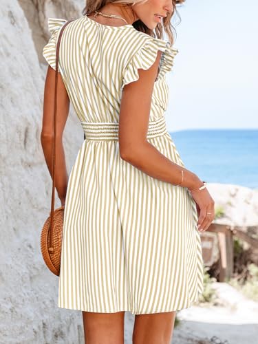 Image of CUPSHE Women's Mini Dress V Neck Flutter Sleeve Striped Smocked Waist A Line Short Summer Cocktail Dress