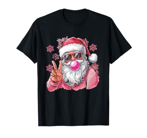 Retro Santa Christmas Blowing Bubble Pink Santa Xmas Funny T-Shirt