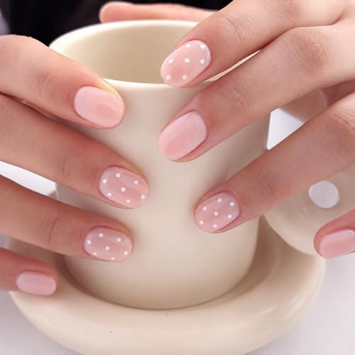 Short Press on Nails Oval Polka Dot Fake Nails Nude False Nails F...