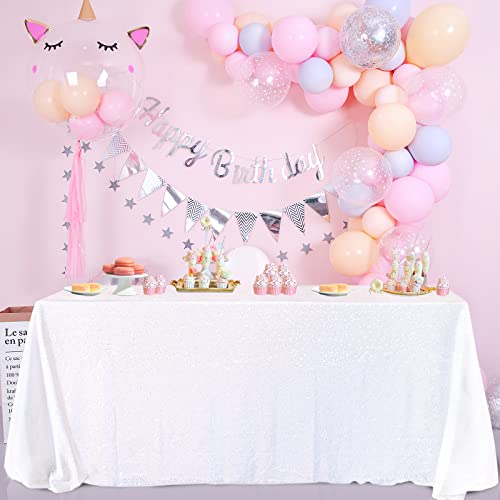 Image of B-COOL White Sequin Tablecloth Overlay 90x132 inch Sequined Tablecloths Shiny Tablecloth for Birthday Bridal Shower Christmas Outdoor Decoration
