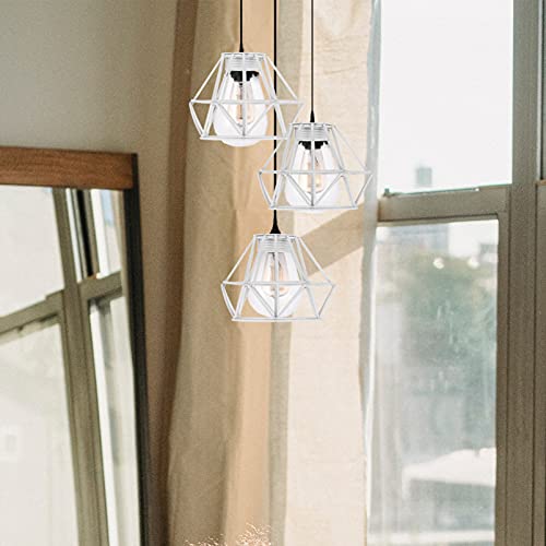 Image of Metal Cage Lamp Shade: Industrial Lamp Shade Decorative Lamp Guard Clip- on Chandelier Light Covers Ceiling Pendant Light Fixture for Table Wall Floor Ceiling White