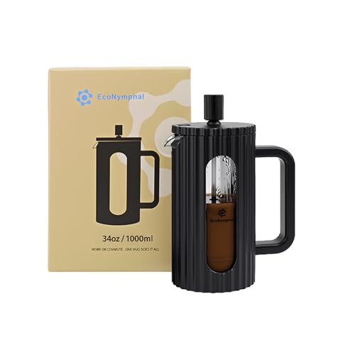 EcoNymphal French Press Cafetera de 1 litro – Prensa de café para cerveza fría y bebidas calientes – Con filtro de acero inoxidable, vidrio resistente al calor – Apto para lavavajillas y libre de BPA