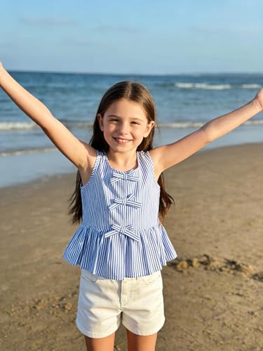 Image of Girls Bowknot Tank Tops Sleeveless Striped Shirts Cotton Peplum Babydoll Top