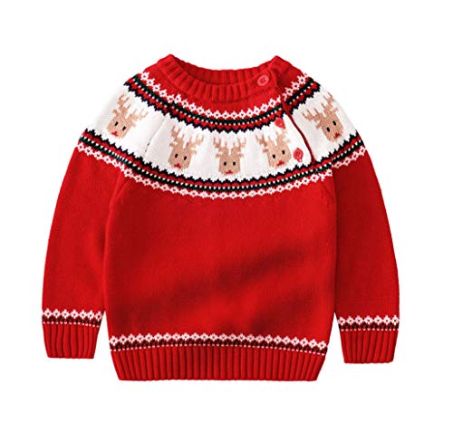 Miccina Baby Toddlers Boys Girls Christmas Deer Sweater Unisex Children Cotton Knit Pullover for Christmas Party Photograph (Red-Deer, 12-18 Months)